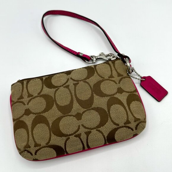 EUC Coach Canvas and Leather Signature Wristlet with Hangtag - Tan/Pink - Picture 3 of 13